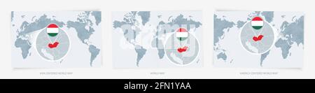 Drei Versionen der Weltkarte mit der vergrößerten Karte von Ungarn mit Flagge. Europa, Asien und Amerika zentrierte Weltkarten. Stock Vektor