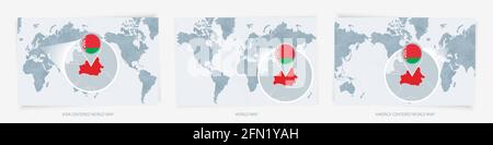 Drei Versionen der Weltkarte mit der vergrößerten Karte von Belarus mit Flagge. Europa, Asien und Amerika zentrierte Weltkarten. Stock Vektor
