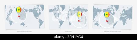 Drei Versionen der Weltkarte mit der vergrößerten Karte von Senegal mit Flagge. Europa, Asien und Amerika zentrierte Weltkarten. Stock Vektor