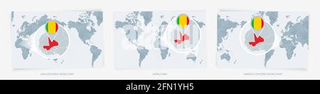 Drei Versionen der Weltkarte mit der vergrößerten Karte von Mali mit Flagge. Europa, Asien und Amerika zentrierte Weltkarten. Stock Vektor