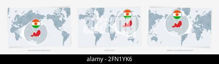 Drei Versionen der Weltkarte mit der vergrößerten Karte von Niger mit Flagge. Europa, Asien und Amerika zentrierte Weltkarten. Stock Vektor