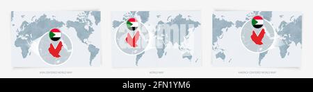 Drei Versionen der Weltkarte mit der vergrößerten Landkarte des Sudan mit Flagge. Europa, Asien und Amerika zentrierte Weltkarten. Stock Vektor