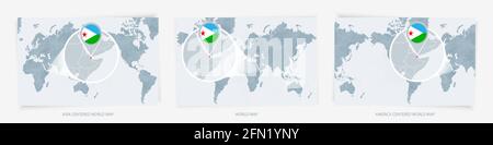 Drei Versionen der Weltkarte mit der vergrößerten Karte von Dschibuti mit Flagge. Europa, Asien und Amerika zentrierte Weltkarten. Stock Vektor