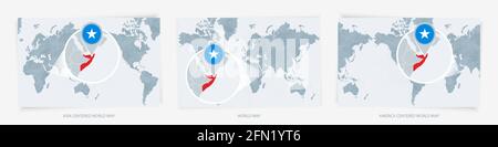 Drei Versionen der Weltkarte mit der vergrößerten Karte von Somalia mit Flagge. Europa, Asien und Amerika zentrierte Weltkarten. Stock Vektor
