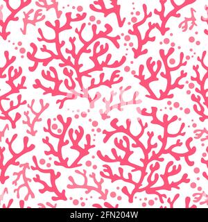 Nahtloses Korallenmuster. Sea Reef Algen Textur, abstrakte Ozean floral Unterwasser Grafiken, Vektor-Mode-Tapete und Stoff Dekoration. Rosa Pflanzen mit hellen Blasen-Design Stock Vektor