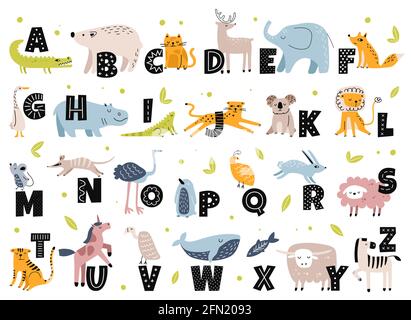 Tierisches Alphabet im skandinavischen Stil. Niedlicher Elefant, Fuchs, Bär, Einhorn. Handgezeichnete Cartoon Tiere mit Buchstaben für Kinder Bildung Vektor-Set. Lateinische oder englische Sprache für Kinder Stock Vektor