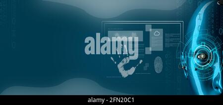 Roboter-Kopf, Cyborg mit grafischen Elementen Gesicht auf dunkelblauem Technologie-Hintergrund. Künstliche Intelligenz und maschinelles Lernkonzept. 3D Stockfoto