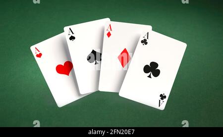 Casino Glücksspiel Poker Blackjack Konzept mit Spielkarten mit vier Assen. Kombinierte Darstellung von Spielkarten, 3D-Rendering Stockfoto