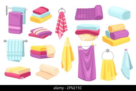 Badetücher. Cartoon gefaltetes Handtuch, Hängetuch, gerollter Stoff. Küche oder Bad Textil, Baumwollkleidung Materialien isoliert Vektor-Set für Gesicht, Hände und Körper. Spa und Hotelzubehör Stock Vektor