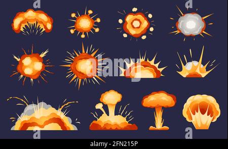 Cartoon-Explosionen. Atompilzwolke, Bombenexplosionseffekt, Brandrauch, Dynamit-Detonation. Explosive Burst, Comic Boom Effekte Vektor-Set. Helle Atombombe explodiert Stock Vektor