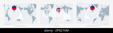 Drei Versionen der Weltkarte mit der vergrößerten Karte von Samoa mit Flagge. Europa, Asien und Amerika zentrierte Weltkarten. Stock Vektor
