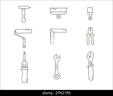 Handreparaturwerkzeuge Ikonen Satz. Einschließlich einstellbarer Schraubenschlüssel, Hammer, Handschrauber, Zangen, Rolle, Winkel Stock Vektor
