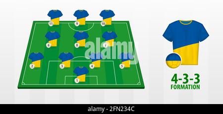 Ukraine National Football Team Formation auf Fußballfeld. Halbgrünes Feld mit Fußballtrikots der ukrainischen Mannschaft. Stock Vektor