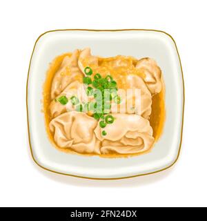 Taiwan stinkende Tofu Wonton, ein digitales Gemälde taiwanesischer traditioneller gedämpfter würziger Dim Sum Food-Raster, 3D-Illustration isoliert auf weißem Hintergrund. Stockfoto