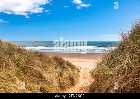 LUNAN BAY UND STRAND ANGUS SCOTLAND DURCHGANG DURCH GRAS BEDECKT DÜNEN ZU SANDSTRAND UND MEER MIT ÖL RIG UNTERSTÜTZUNG GEFÄSS Stockfoto