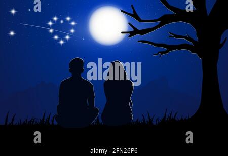 Ein Paar Mann und Frau sitzen unter Baum mit Mond Am Himmel bei Nacht Design Vektor Illustration Stock Vektor