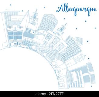 Skizzieren Sie die Skyline von Albuquerque New Mexico City mit blauen Gebäuden und Kopierflächen. Vektorgrafik. Albuquerque USA Stadtbild mit Wahrzeichen. Reisen Stock Vektor