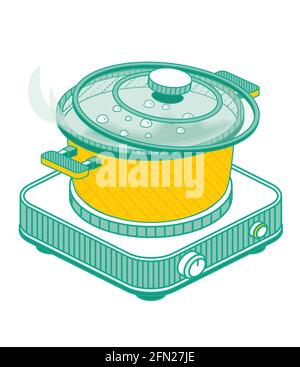 Isometrische Pfanne mit Deckel und kochendem Wasser auf Elektroherd isoliert auf weißem Hintergrund. Vektorgrafik. Outline Tragbarer Single Burner Electric Stock Vektor