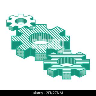 Drei Zahnräder isoliert auf Weiß. Teamwork-Konzept. Vektorgrafik. Umriss Isometrisches Symbol für Infografik, Website oder App Stock Vektor
