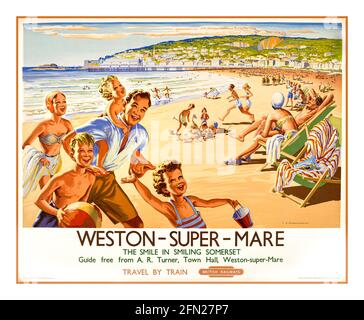 Vintage 1950 Weston-super-Mare Railway Poster 1959 Künstler: C B Beardsworth Weston-super-Mare. Das Lächeln im lächelnden Somerset. Führung frei von A.R. Turner, Rathaus, Weston-super-Mare. Anreise mit dem Zug. British Railways. Stockfoto