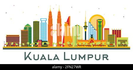 Kuala Lumpur Malaysia City Skyline mit farbigen Gebäuden isoliert auf Weiß. Vektorgrafik. Business Travel und Tourismus Konzept. Stock Vektor