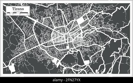 Tirana Albanien Stadtplan in Schwarz-Weiß-Farbe im Retro-Stil. Übersichtskarte. Vektorgrafik. Stock Vektor