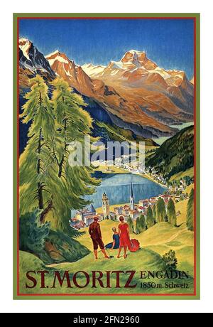 Vintage St. Moritz Travel Poster von Carl Moos 1930er Jahre illustriert die Landschaft des Engadiner Tals Suiise Schweiz Schweiz Stockfoto