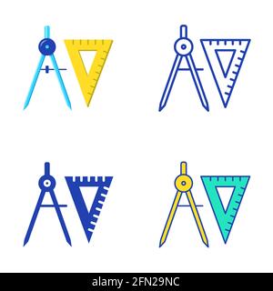 Trennzeichen und quadratisches Lineal-Symbol in flacher und liniger Ausführung. Mess- und Zeichnungsinstrumente Symbole. Vektorgrafik. Stock Vektor