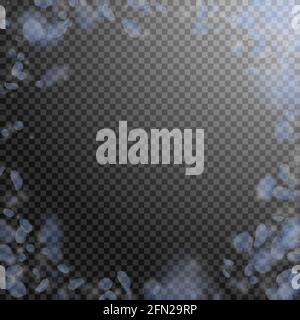 Hellblaue Blütenblätter fallen herunter. Energetische romantische Blumen-Vignette. Fliegendes Blütenblatt auf transparentem quadratischem Hintergrund. Liebe, Romantik Konzept. Crea Stock Vektor