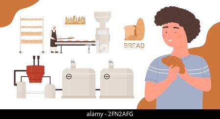 Bäckerei Fabrik Lebensmittelindustrie, Produktionsprozess mit Brot backen Vektor Illustration. Cartoon junge Figur hält Croissant gebackenes Produkt aus Bäckerei, Bäcker Koch Arbeiter Kochen Hintergrund Stock Vektor