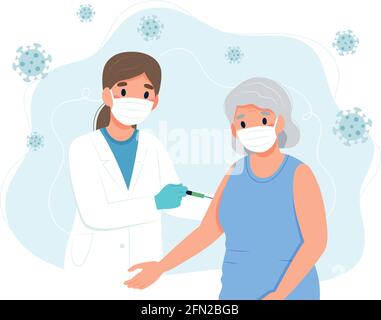Coronavirus-Impfstoff Senior Frau und Arzt mit einer Spritze. Konzept Vektor-Illustration in flachen Cartoon-Stil Stock Vektor