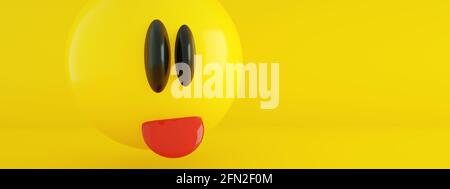 emoticon mit Zunge auf gelbem Hintergrund, 3d-Rendering, Panoramabild Stockfoto