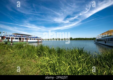 Der Mantua-See (Lago di Mezzo) oder der Mincio-Fluss mit festgetäuten Fährenbooten im Frühling. Mantova, Lombardei, Italien, Südeuropa. Stockfoto