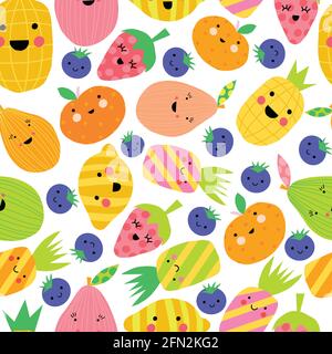 Niedliches Obst nahtloses Vektor-Muster. Wiederholende Hintergrund lächelnde Früchte im Cartoon-Stil. Lustige Kinder Kawaii Textur mit Früchten Zeichen. Smiley Lemon Stock Vektor