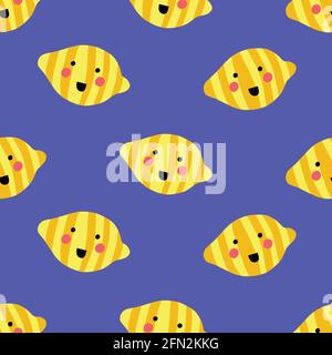 Nahtloses Muster mit fröhlich lächelnden Zitronen auf Blau. Wiederholende Kawaii Hintergrund für Kinder. Verpackung, Sammelalbum Papier mit Cartoon-Obst, Kindergarten Stock Vektor