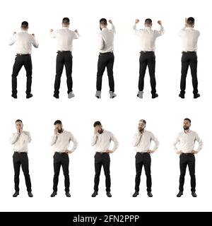 Sammlung von Rückansicht Business-Mann jubelnden und klatschenden rooting Fan und müde müde müde müde. Satz von Vollkörper isoliert auf weißem Hintergrund. Stockfoto