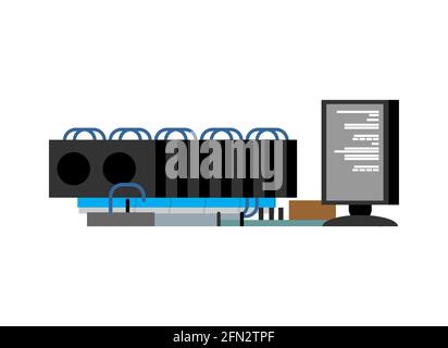 GPU-Bergbaufarm. Videokarte, die Kryptowährung ausgräben Stock Vektor