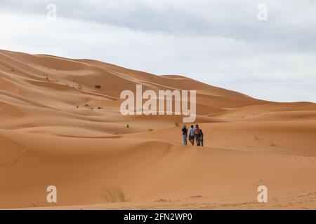 Eine Gruppe von Menschen wandern entlang der Sanddünen in der Sahara. Marokko Stockfoto