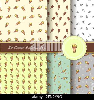 Set von bunten Sommermustern. Süßes Eis in Tassen. Designer-Geschenkpapier, nahtlose Tapete. Rosa, weiß, creme, grauer Hintergrund. Vektor-Abb. Stock Vektor