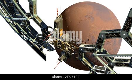 3D-Illustration einer geodätischen Wabenstruktur nahe dem Mars mit dem in der Datei enthaltenen Clipping Path für Science-Fiction-Videospiele, Space explor Stockfoto