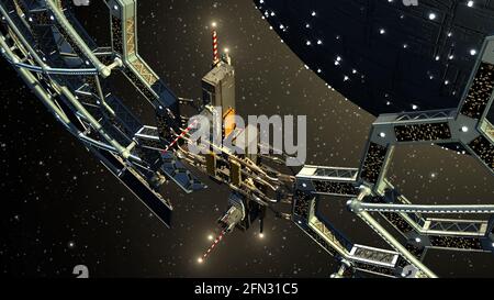 Sphärisches 3D-Raumschiff mit umliegender Wabenstruktur für futuristische Tiefraumreisen oder Science-Fiction-Hintergründe Stockfoto