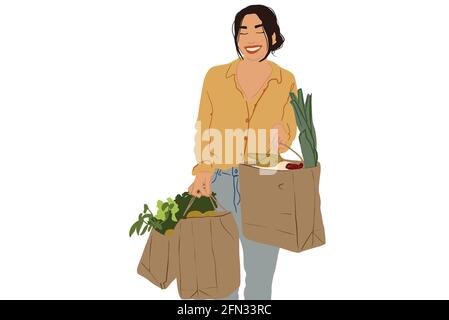 Frau trägt eine umweltfreundliche Einkaufstaschen mit frischem Gemüse aus dem Lebensmittelgeschäft. Kauf gesunder Lebensmittel. Vektorgrafik. Stock Vektor
