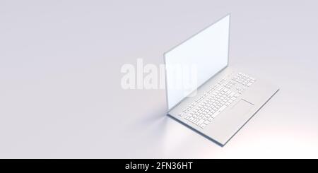 Leerer Bildschirm Laptop offen isoliert auf weißem Hintergrund, Kopierplatz. Computer-Notebook auf einem leeren weißen Schreibtisch, Präsentationsvorlage, Werbung Stockfoto