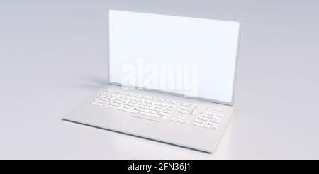 Werbekonzept für Notebooks. Computer geöffnet mit leerem Bildschirm weiße Tastatur isoliert auf weißem Hintergrund, Vorlage, Modell. Tragbares pc-Notebook. Oben Stockfoto
