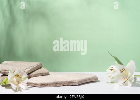 Hintergrund für kosmetische Produkte von natürlicher grüner Farbe. Podium aus Stein mit weißen Blumen. Vorderansicht. Stockfoto