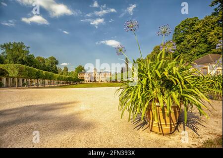 Blumen im Topf mit dem Hintergrund von Schloss Favorite Palace, Rastatt, Deutschland Stockfoto