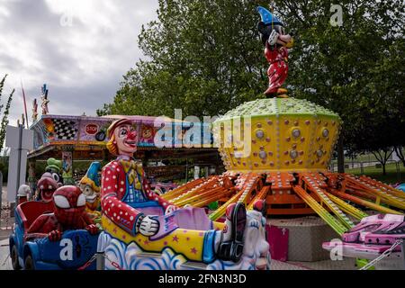 Madrid, Spanien. Mai 2021. Attraktionen für Kinder auf der Messe San Isidro in IFEMA, Madrid.am 15. Mai wird Madrid, die Hauptstadt Spaniens, das Fest des heiligen San Isidro Labrador feiern. Die Parteien wurden 2020 aufgrund der COVID-19-Pandemie suspendiert, aber in diesem Jahr wird die Messe auf der IFEMA in Madrid stattfinden, einem kontrollierten Raum, so dass die Organisatoren die entsprechenden Sicherheitsmaßnahmen ergreifen können. (Foto von Diego Radames/SOPA Images/Sipa USA) Quelle: SIPA USA/Alamy Live News Stockfoto