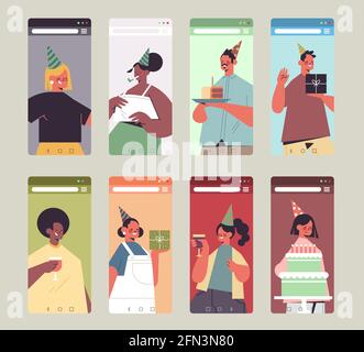 Set Mix Rennen Menschen in festlichen Hüten feiern online Geburtstag Party glücklich Männer Frauen in Smartphone-Bildschirme Stock Vektor