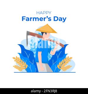 Happy Farmers Day Flat Feier Urlaub Wohnung Illustration mit Blättern, Hacke und Landwirt Vektor Stock Vektor