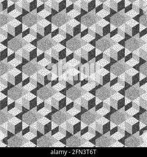 Abstrakter geometrischer 3D-Hintergrund. Mosaik. Schwarz-weiß körniges Design. Pointillismus-Muster. Verstopfende Wirkung. Vektorgrafik. Stock Vektor